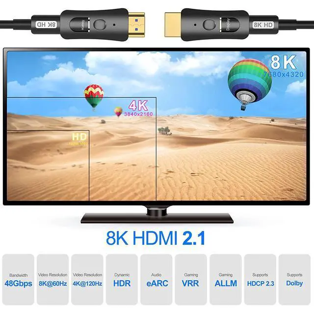 Alt view image 5 of 7 - 320 Feet Long 8K Fiber Optic HDMI Cable 160ft - Long HDMI 2.1 48Gbps High Speed HDMI Cord for in-Wall Installation, 4K@120Hz 8K@60Hz HDR, HDR10, HDCP 2.2, eARC 3D Compatible with Roku TV, HDTV
