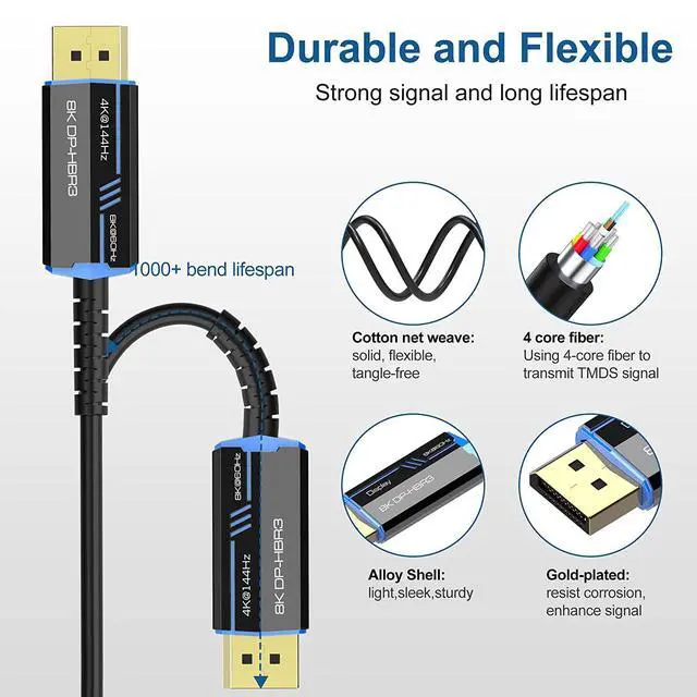 Alt view image 2 of 7 - WRIARICH 8K Fiber Optic DisplayPort Cable 330ft, 32.4Gbps High-Speed DP1.4 Cable 8K@60Hz 4K@120Hz Dynamic HDR/eARC/HDCP 2.3, Ultra HD DisplayPort Cord Compatible with LG Samsung Sony TV /PS5/Blu-ray