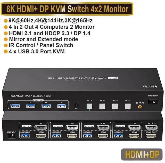 Main image of WRIARICH USB3.0 HDMI+DisplayPort KVM Switch 2 Monitors 4 Computers 8K@60Hz 4K@120Hz, Dual Monitor KVM Switch for 4 Computers Share 2 Displays and 4 USB 3.0 Ports,Wired Remote and Cables