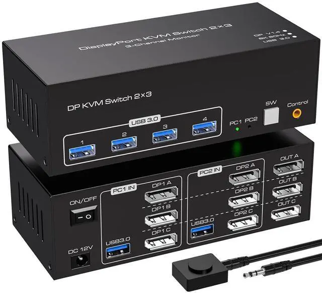 Main image of USB 3.0 Displayport KVM Switch 3 Monitors 2 Computers 8K@60Hz 4K@120Hz, EDID Emulator, Triple Monitor DP KVM Switch for 2 Computers Share 3 Displays and 4 USB 3.0 Ports,Wired Remote and Cables