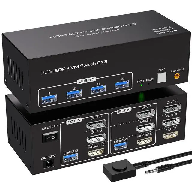 Main image of WRIARICH HDMI+2DP kvm Switch 3 Monitors 2 Computers 8K@60hz USB 3.0 DP HDMI kvm switches Triple Monitor for 2 PC Share 4 USB3.0 Devices with Desktop Controller USB Cables & DC 12V Adapter