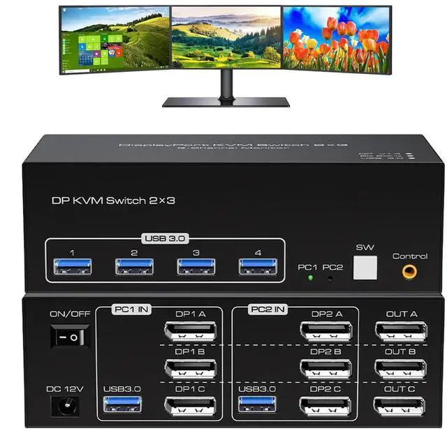Main image of WRIARICH Displayport kvm Switch 3 Monitors 2 Computers 8K@60hz USB 3.0 DP kvm switches Triple Monitor for 2 PC Share 4 USB3.0 Devices with Desktop Controller USB Cables & DC 12V Adapter