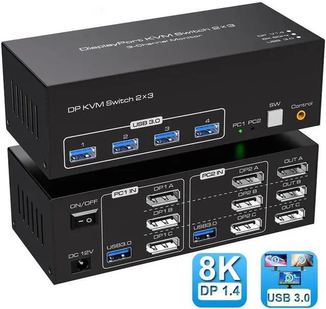 Main image of WRIARICH Displayport KVM Switch 3 Monitors 2 Computers, with 4 USB 3.0 Hub, 8K@60Hz Ultra HD Resolution, Triple Monitor DP KVM Switch DP 1.4 Via Button Switch, Plug and Play