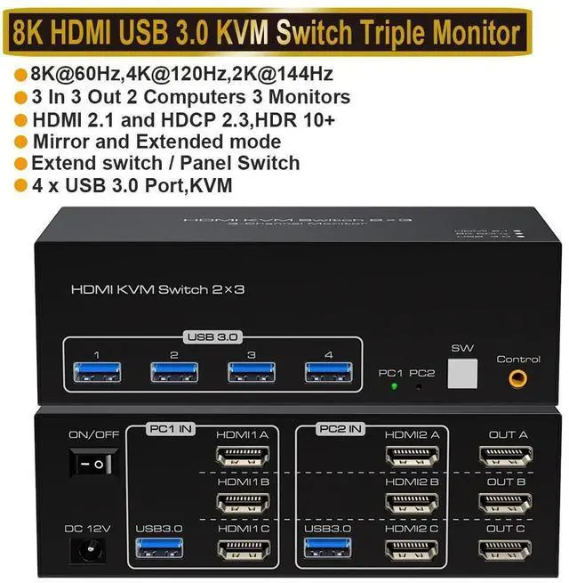 Main image of WRIARICH 4K 120Hz HDMI KVM Switch 3 Monitors 2 Computers, 3 Port Monitors Switcher for 2 Computers Share 3 Monitors and Keyboard Mouse with USB3.0 Port,8K@60 Resolution,with EDID