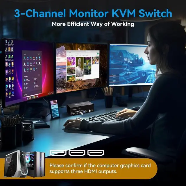 Alt view image 2 of 7 - WRIARICH 4K 120Hz HDMI KVM Switch 3 Monitors 2 Computers, 3 Port Monitors Switcher for 2 Computers Share 3 Monitors and Keyboard Mouse with USB3.0 Port,8K@60 Resolution,with EDID