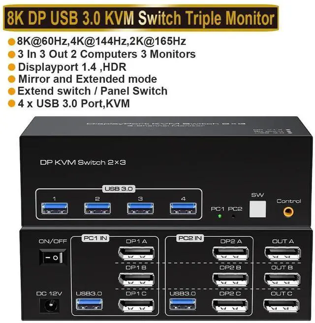Main image of WRIARICH 4K 120Hz Displayport KVM Switch 3 Monitors 2 Computers, 3 Port DP Monitors Switcher for 2 Computers Share 3 Monitors and Keyboard Mouse with USB3.0 Port,8K@60 Resolution