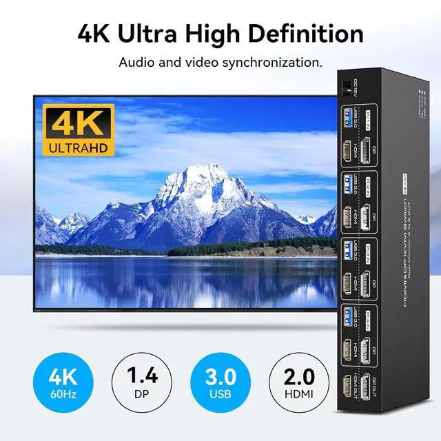 Alt view image 6 of 7 - WRIARICH HDMI+DisplayPort KVM Switch 2 Monitors 4 Computers, with 4 USB 3.0 Hub, 4K@60Hz Ultra HD Resolution, Dual Monitor KVM Switch HDMI2.0 DP1.4 Via Button Switch, Plug and Play