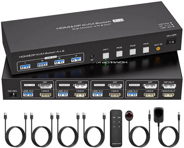Main image of WRIARICH HDMI+DisplayPort KVM Switch 2 Monitors 4 Computers, with 4 USB 3.0 Hub, 4K@60Hz Ultra HD Resolution, Dual Monitor KVM Switch HDMI2.0 DP1.4 Via Button Switch, Plug and Play