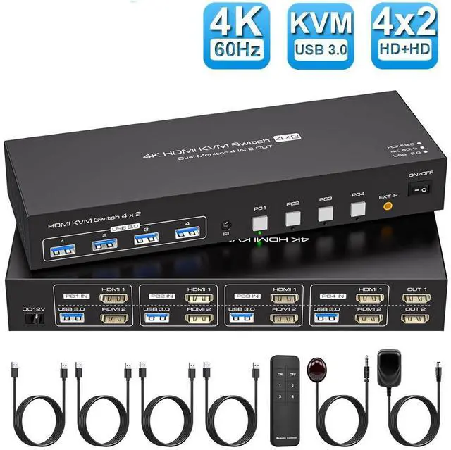 Main image of WRIARICH HDMI+HDMI USB kvm Switch 4 Computers 2 Monitors 4K@60hz USB 3.0 kvm switches Dual Monitor for 4 PC Share 2 Monitors and 4 USB3.0 Devices with Remote Control