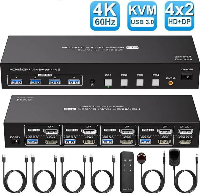 Main image of WRIARICH HDMI+DisplayPort kvm Switch 4 Computers 2 Monitors 4K@60hz USB 3.0 kvm switches Dual Monitor for 4 PC Share 2 Monitors and 4 USB3.0 Devices with Desktop Controller