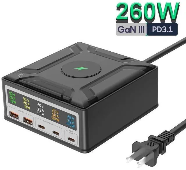 Main image of WRIARICH 260W 5 Port GaN Charging Station for Multiple Devices, Desk Charger Block 5 USB Ports, 15W Wireless Charging, Charger Tower for iPhone iPad Tablets Smartphones, Home Office Use