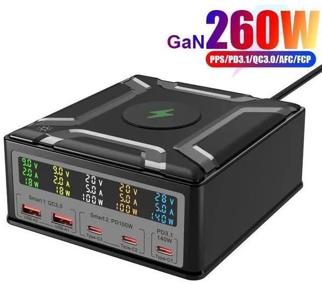 Main image of WRIARICH LCD Display Charging Station for Multiple Devices,260W 5 Port Charger Station with 3USB-C, 2USB-A, 15W Wireless Charging ,Compatible with Cellphone,Tablet, Kindle, iPhone iPad and More