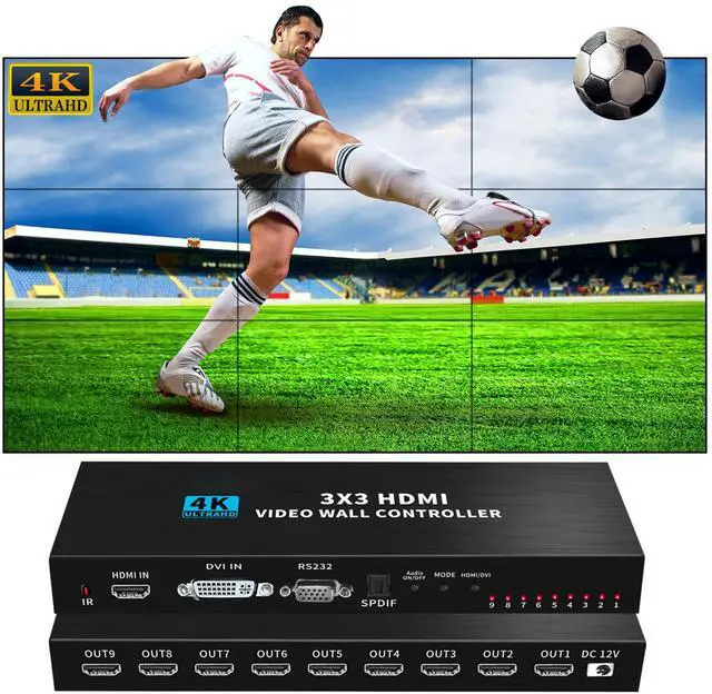 Main image of Video Wall Controller 3x3 4K 3840x2160@30Hz Processor HDMI 1.4 HDCP 1.4 Support 13 Display Modes - 1x1,1x2, 1x3, 1x4, 2x1, 2x2, 2x3, 2x4, 3x1, 3x2, 3x3, 4x1, 4x2 with 1 HDMI Input 9 HDMI Output