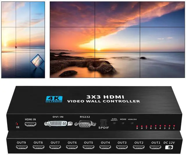 Main image of 1 in 9 Out HDMI Video Wall Controller 3x3 4K HDMI Video Image Processor1 HDMI/DVI Input 9 HDMI Output, 13 Modes,1x1,1x2, 1x3, 1x4, 2x1, 2x2, 2x3, 2x4, 3x1, 3x2, 3x3, 4x1, 4x2, Support 180º Rotation