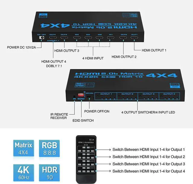 Alt view image 2 of 7 - WRIARICH 4K@60Hz 4x4 HDMI Matrix Switch, HDMI 2.0b Matrix Switch 4 in 4 Out, 4K HDMI Switcher Splitter Scaler EDID with Remote, 4K HDR, HDMI 2.0b, HDCP 2.2, 3D,1080P