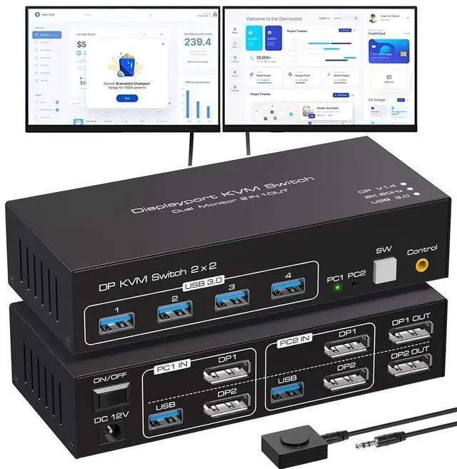 Main image of WRIARICH 4K 120Hz DisplayPort Exclusive KVM Switch 2 Monitors 2 Computers , with 4 USB 3.0 Hub, 8K 60Hz DP1.4 Dual Monitor KVM Switch, EDID,Plug and Play