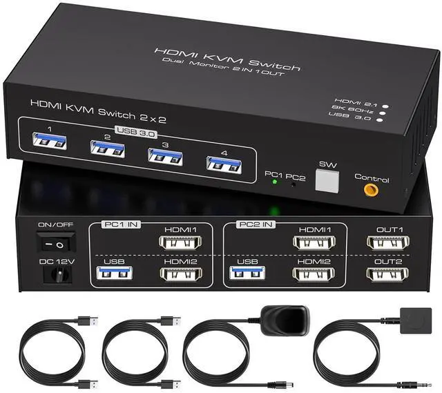 Main image of WRIARICH HDMI kvm Switch 2 Monitors 2 Computers 8K@60hz USB 3.0 kvm switches Dual Monitor for 2 PC Share 4 USB3.0 Devices with Desktop Controller USB Cables & DC 12V Adapter
