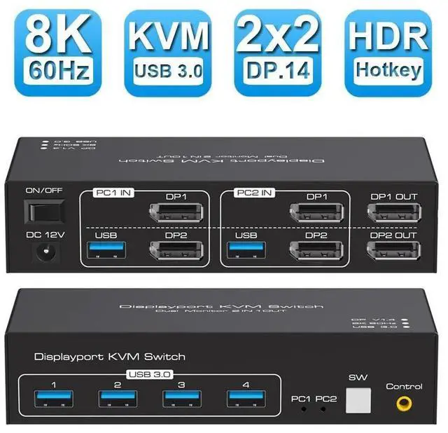 Main image of WRIARICH DP kvm Switch 2 Monitors 2 Computers 8K@60hz DP USB 3.0 kvm switches Dual Monitor for 2 PC Share 4 USB3.0 Devices with Desktop Controller USB Cables & DC 12V Adapter