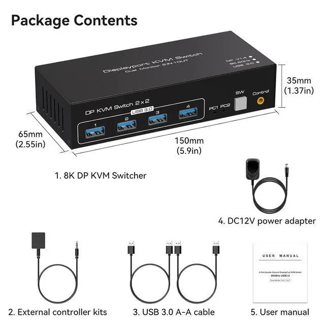 Alt view image 7 of 7 - WRIARICH DP kvm Switch 2 Monitors 2 Computers 8K@60hz DP USB 3.0 kvm switches Dual Monitor for 2 PC Share 4 USB3.0 Devices with Desktop Controller USB Cables & DC 12V Adapter
