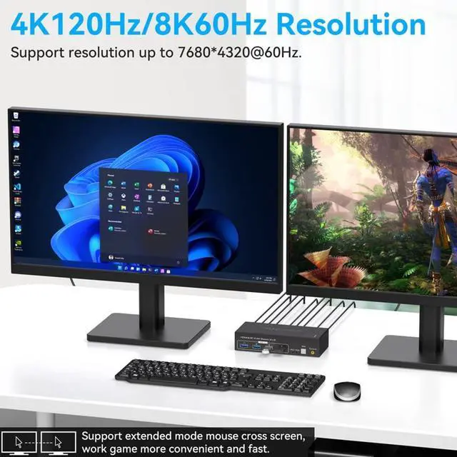 Alt view image 3 of 7 - WRIARICH HDMI + DisplayPort KVM Switch 2 Monitors 2 Computers, with 4 USB 3.0 Hub, 8K@60Hz Ultra HD Resolution, Dual Monitor KVM Switch HDMI 2.1 DP1.4 Via Button Switch, Plug and Play
