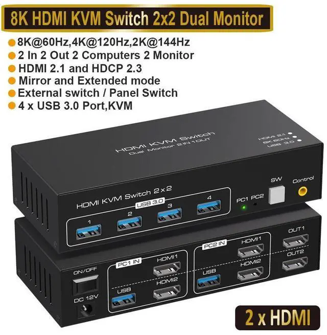 Main image of WRIARICH USB 3.0 HDMI KVM Switch 2 Monitors 2 Computers 8K@60Hz 4K@120Hz, EDID Emulator, Dual Monitor KVM Switch for 2 Computers Share 2 Displays and 4 USB 3.0 Ports,Wired Remote and Cables