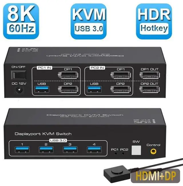 Main image of WRIARICH USB 3.0 HDMI + DP KVM Switch 2 Monitors 2 Computers 8K@60Hz 4K@120Hz, EDID Emulator, Dual Monitor KVM Switch for 2 Computers Share 2 Displays and 4 USB 3.0 Ports,Wired Remote and Cables