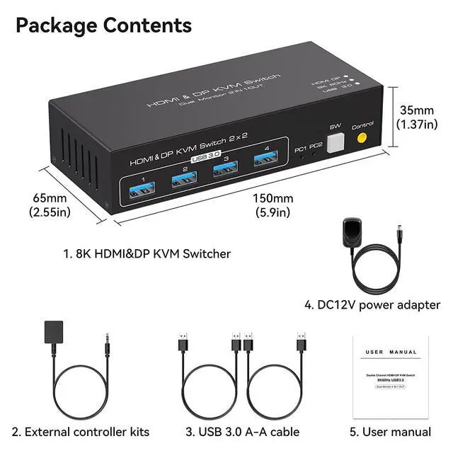 Alt view image 7 of 7 - WRIARICH USB 3.0 HDMI + DP KVM Switch 2 Monitors 2 Computers 8K@60Hz 4K@120Hz, EDID Emulator, Dual Monitor KVM Switch for 2 Computers Share 2 Displays and 4 USB 3.0 Ports,Wired Remote and Cables