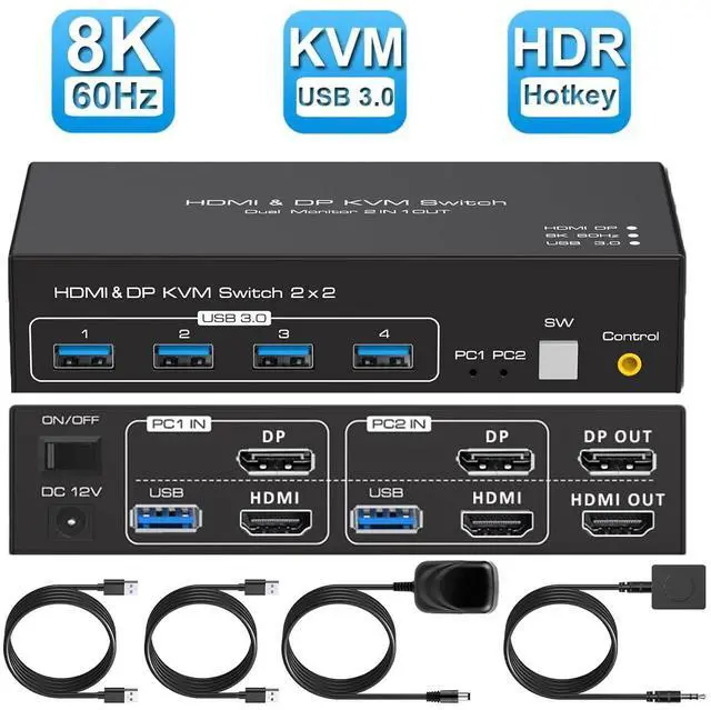Main image of 4K 120Hz HDMI + DisplayPort KVM Switch 2 Monitors 2 Computers, 2 Port Monitors Switcher for 2 Computers Share 2 Monitors and Keyboard Mouse with USB3.0 Port,8K@60 Resolution,with EDID