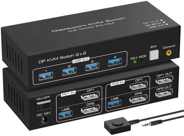 Main image of WRIARICH USB 3.0 DP KVM Switch 2 Monitors 2 Computers 8K@60Hz 4K@120Hz, EDID Emulator, DP Dual Monitor KVM Switch for 2 Computers Share 2 Displays and 4 USB 3.0 Ports,Wired Remote and Cables