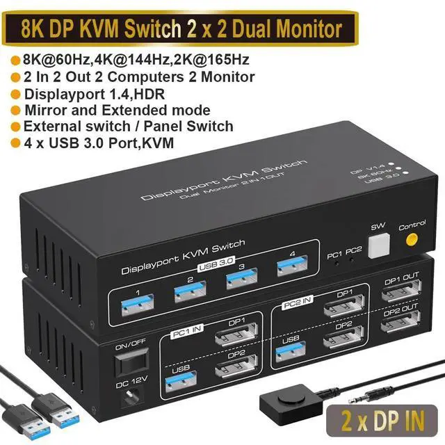 Alt view image 2 of 7 - WRIARICH 4K 120Hz DisplayPort KVM Switch 2 Monitors 2 Computers, 2 Port Monitors Switcher for 2 Computers Share 2 Monitors and Keyboard Mouse with USB3.0 Port,8K@60 Resolution,with EDID