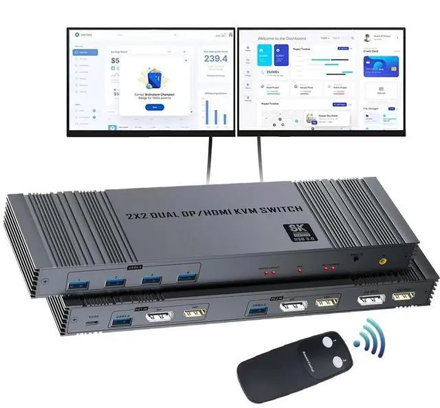 Main image of WRIARICH HDMI+Displayport KVM Switch 2 Monitors 2 Computers 8K@60Hz KVM Switcher Dual Monitor for 2 PC Share 2 Monitors and 4 USB 3.0 Ports Support Extended/Copy Mode with IR Remote &2 USB3.0 Cables