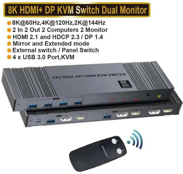 Main image of WRIARICH HDMI DP KVM Switch with Remote Control, Dual Monitor 2 Port 8K@60Hz 2 Monitors 2 Computers USB 3.0 KVM Switcher PC Extended Display for 4 USB Devices Like Mouse Keyboard Printer Gamepad