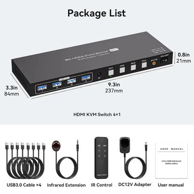 Alt view image 7 of 7 - WRIARICH 8K HDMI KVM Switch 1 Monitors 4 Computers 4 USB 3.0 Ports HDMI 2.1 Switch for 4 Computers Share Keyboard Mouse Printer and one HDMI Monitor Support 8K@60Hz 4K@244Hz, with Wired Controller