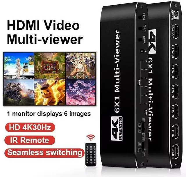 Main image of WRIARICH HDMI Seamless Multi-Viewer 6x1, 4K@30Hz Quad HDMI Multiviewer Switcher 6 in 1 Out w/IR Remote for PC, Laptop, Security Camera, Fire Stick, Roku, Game (8 Display Modes)