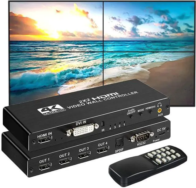 Main image of Video Wall Controller 2x2 4K 3840x2160@30Hz Processor HDMI 1.4 HDCP 1.4 Support 8 Display Modes - 2x2 1x2 1x3 1x4 2x1 3x1 4x1 with 1 HDMI Input 4 HDMI Output for Sports bar, School, Company, Mall