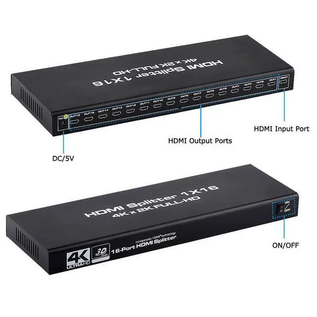 Alt view image 2 of 7 - WRIARICH HDMI Splitter 1 in 16 Out, LUOM 1x16 Power HDMI Splitter 16 Ports w/AC Adapter, 4Kx2K@30Hz 3D Full HD Distributor for HDTV, STB, PS16, PS16 Pro Blu-Ray DVD Player, Projector Etc