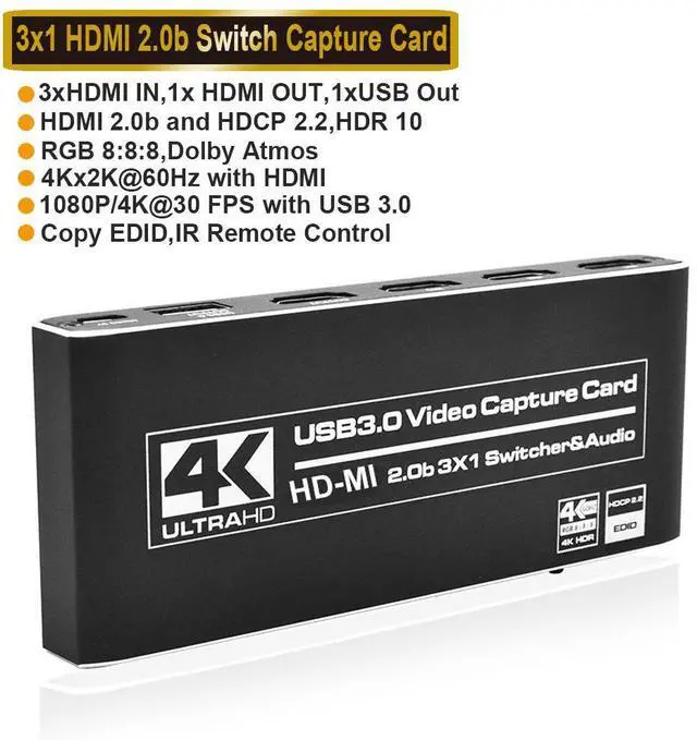 Main image of WRIARICH 3X1 4K@60Hz HDMI Video Capture Card with Mic & 3.5mm Audio HD 4K@60Hz Video 1080P 60fps Board Game Record For Live Streaming Video Recording