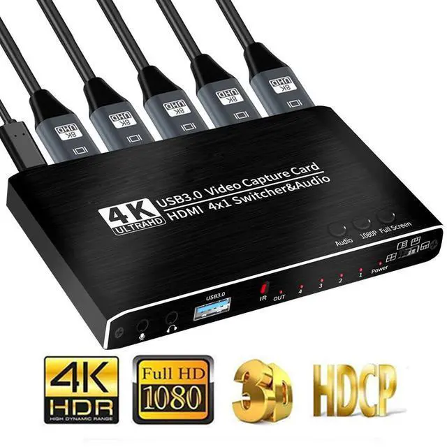Main image of WRIARICH 4x1 HDMI Video Capture Card 4K@30Hz 4K 30FPS Seamless Switch,USB3.0 HDMI Capture Card Switch with with Mic&Audio, Game Capture Card for Live Streaming Video Recording, Screen Capture Device