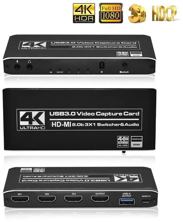 Main image of WRIARICH 4K@60Hz 3X1 HDMI Video Capture Card with Mic & 3.5mm Audio 4K 60fps Board Game Capture Card USB3.0/Type-C Recorder Box Device for Live Streaming Video Recording Loop Out