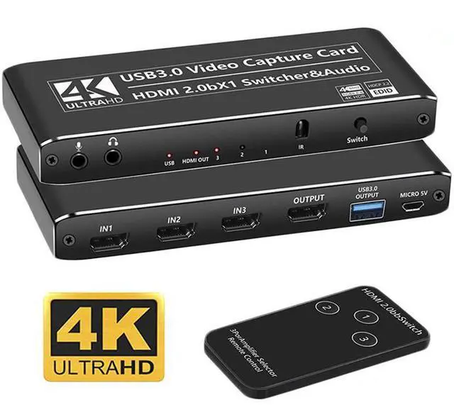 Main image of WRIARICH 4K@60Hz 3X1 HDMI-Compatible Video Capture Card Live Recording Box 4K HDMI to HDMI & USB3.0/Type-C Video Card with Mic & 3.5mm Audio for Game Live Streaming for PS4 Computer Phones