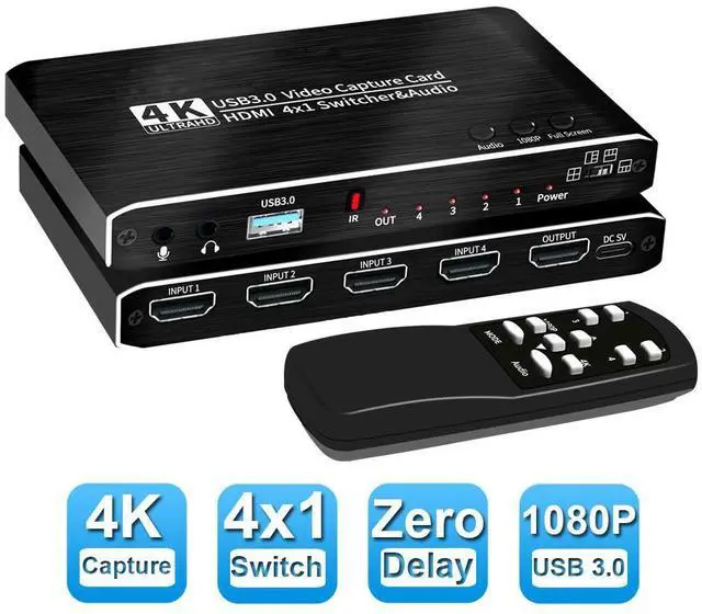 Main image of 4x1 4K@30Hz USB3.0 HDMI Video Capture Card Seamless Switch, 4K 30FPS HD Game Capture Device Cam Link with Mic&Audio Work with Xbox PS5 PS4 Switch DSLR for OBS Twitch Live Streaming and Recording