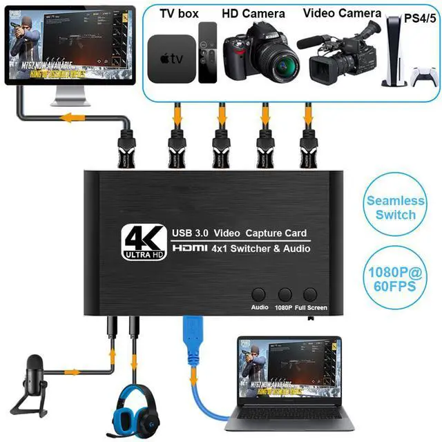 Alt view image 5 of 7 - 4x1 4K@30Hz USB3.0 HDMI Video Capture Card Seamless Switch, 4K 30FPS HD Game Capture Device Cam Link with Mic&Audio Work with Xbox PS5 PS4 Switch DSLR for OBS Twitch Live Streaming and Recording