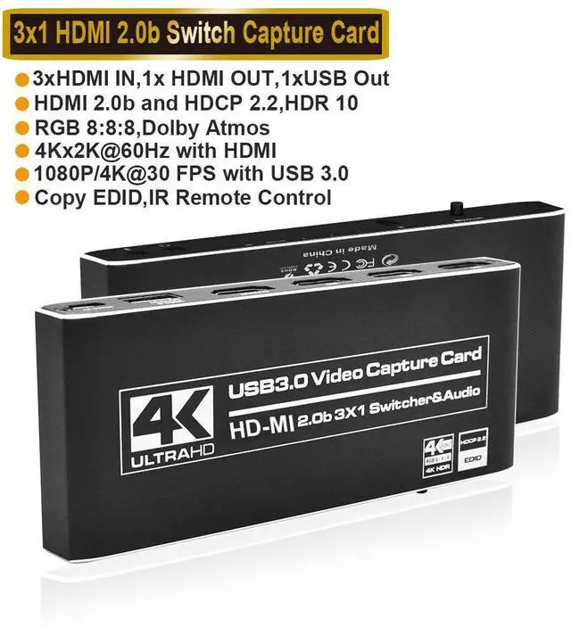 Main image of WRIARICH Portable 4K@60Hz 3X1 HDMI-compatible to HDMI & USB3.0/Type-C 4K 60fps HD Video Capture Card with Mic & 3.5mm Audio Durable Audio Converter Live Recording Box