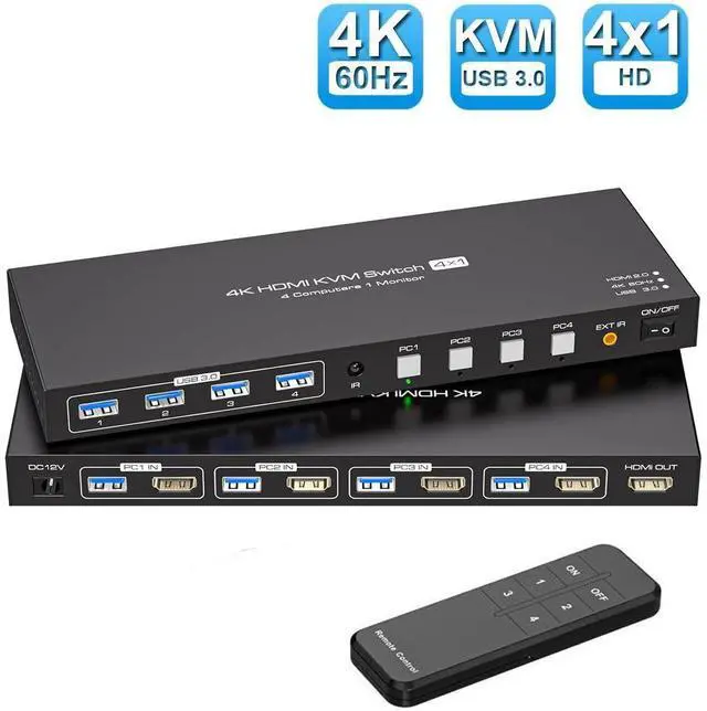 Main image of WRIARICH 4X1 HDMI KVM Switch 1 Monitors 4 Computers Display Port 4K HDMI KVM Switch 4 Port KVM HDMI Switch 4 PC 1 Monitor 4 in 1 Out HDMI KVM, Comes with Wired Controller