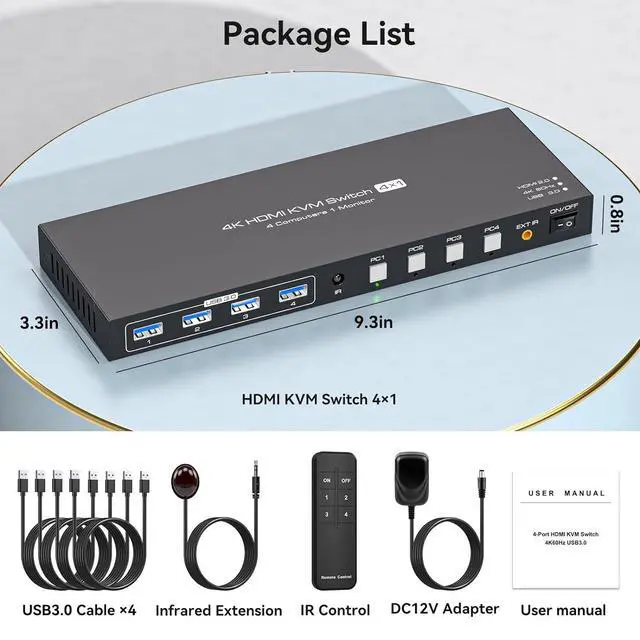 Alt view image 7 of 7 - WRIARICH 4X1 HDMI KVM Switch 1 Monitors 4 Computers Display Port 4K HDMI KVM Switch 4 Port KVM HDMI Switch 4 PC 1 Monitor 4 in 1 Out HDMI KVM, Comes with Wired Controller