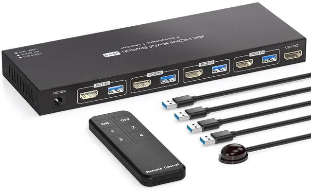 Main image of WRIARICH 4K HDMI KVM Switch 1 Monitors 4 Computers 4 USB 3.0 Ports HDMI 2.0 Switch for 4 Computers Share Keyboard Mouse Printer and one HDMI Monitor Support 4K@60Hz 2K@120Hz, with Wired Controller