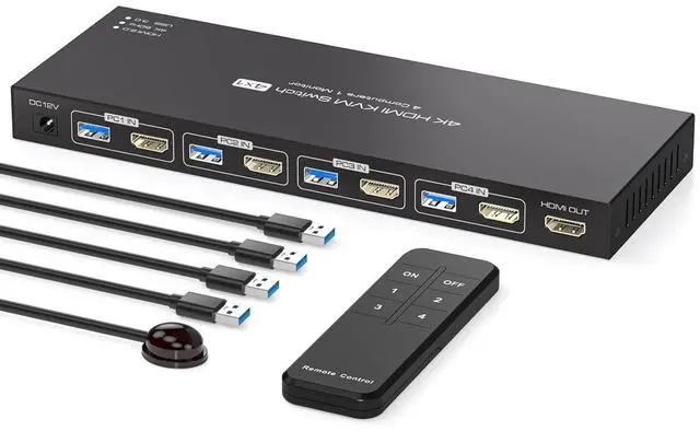 Main image of WRIARICH HDMI USB 3.0 Monitor KVM Switch HDMI 4K@60Hz,2K@120Hz, HDMI Extended Display Switcher for 4 Computers Share 1 Monitors and 4 USB 3.0 Ports,Wired Controller and 4 Cables Included