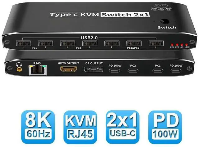 Main image of WRIARICH 2 Port 8K USB-C KVM Switch 2 in 1 Out 8K@60Hz 4K@120Hz 2 PC to 1 Monitor(DP/HDMI) 2-Port 100W PD with 7 USB 2.0 Ports + 3.5mm Audio + RJ45 Network for Sharing Keyboard, Mouse, U Disk
