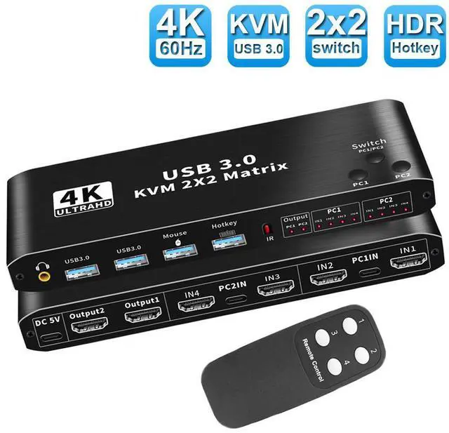 Main image of WRIARICH 4K@60Hz 2X2 HDMI Matrix KVM Switch Box, Share 2 Computers to Dual Monitor USB KVM Switcher Adapter, Support Hotkey Switch, Support Wireless Keyboard and Mouse, USB Disk, Printer, USB Camera