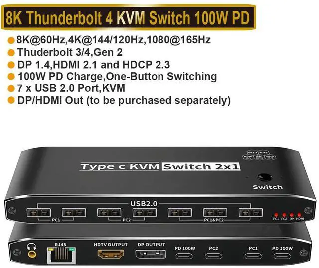 Main image of WRIARICH 2x1 USB-C KVM Switch Selector 2-Port 100W PD for 2 Computers Share Keyboard Mouse Printer and 1 HD 8K Monitor with 7 USB 2.0 Ports + 3.5mm Audio + Ethernet for Sharing Keyboard, Mouse, U Disk